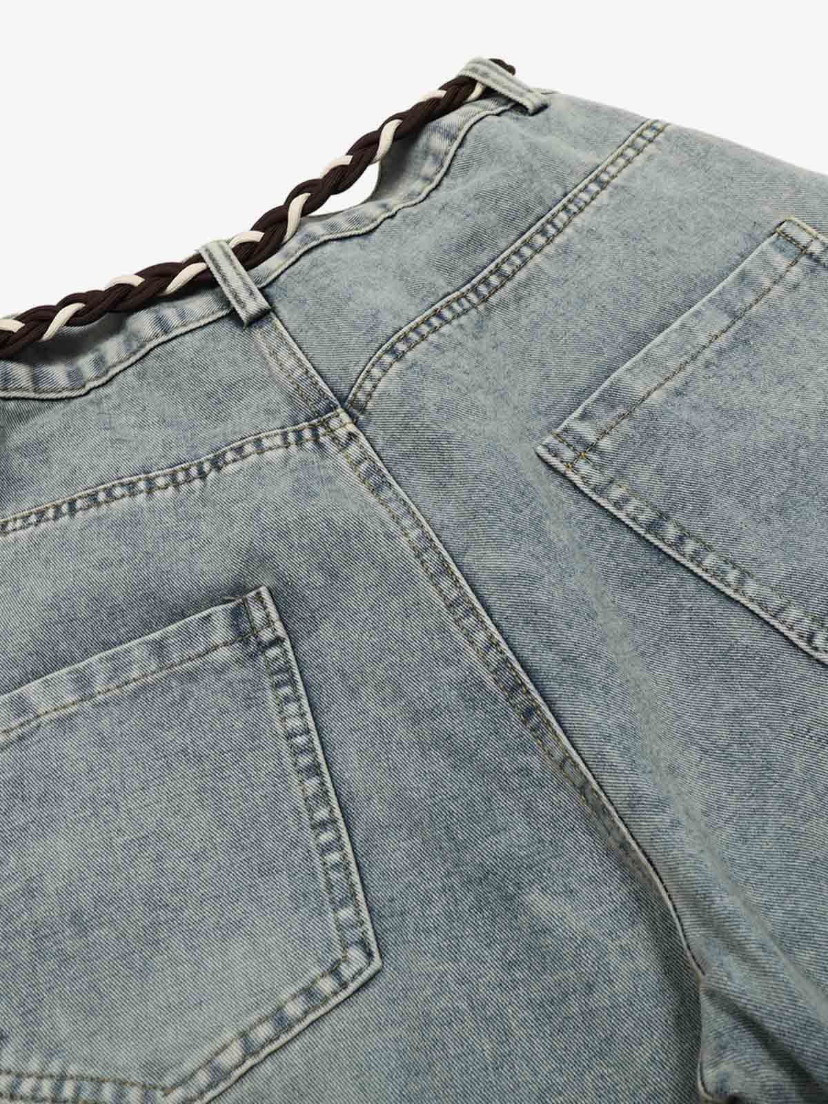 Denim Retro Belt Detail With Patchwork Barrel Jeans - 2490; Blue / S, Blue / M, Blue / L, Blue / XL, Blue / 2XL, Blue / 3XL