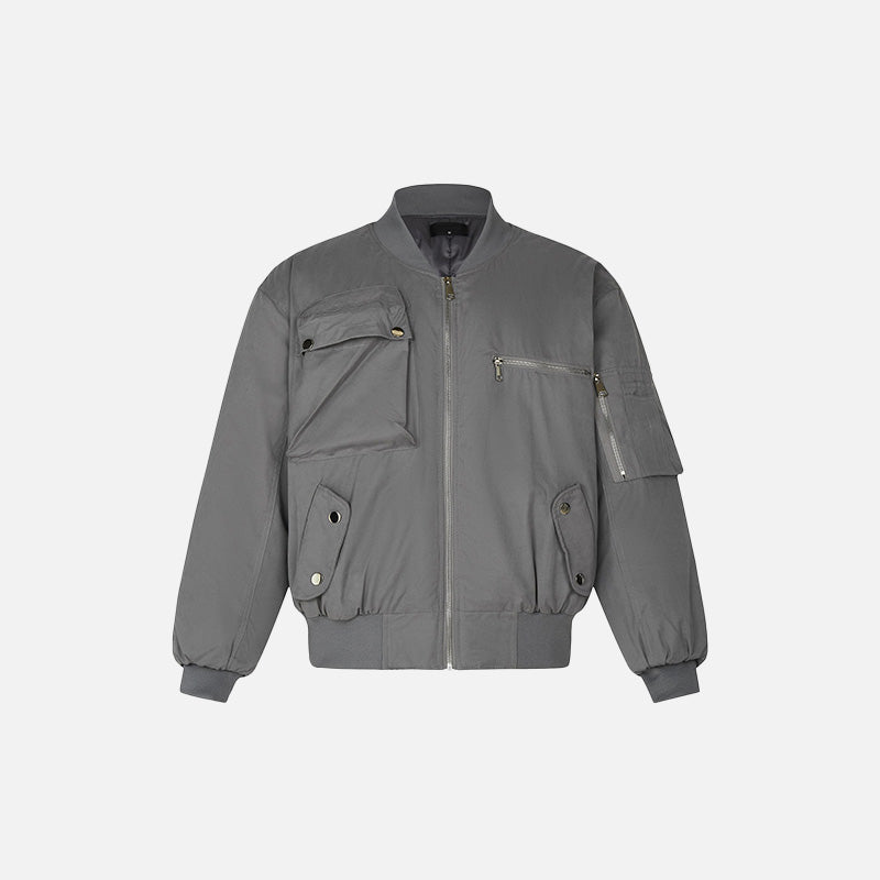 Front view of the grey Retro Classic Multi-Pocket Bomber Jacket in a gray background