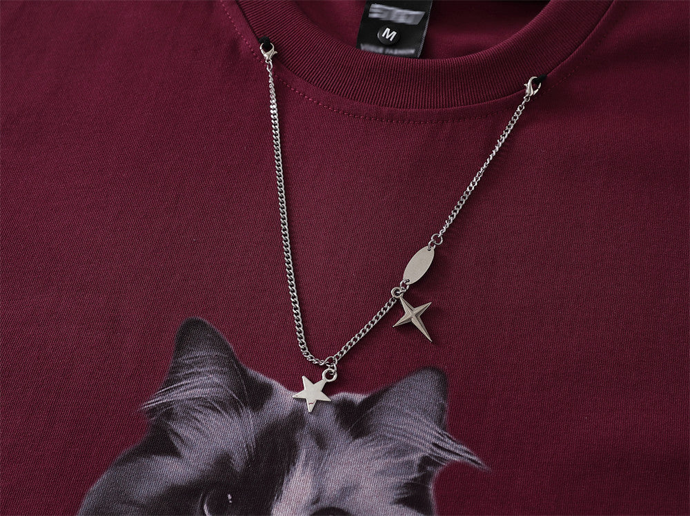 American Style Cat Print Decorative T-Shirt