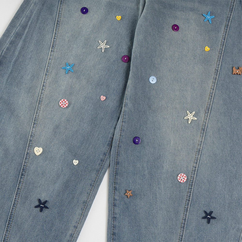 Stylish Star Embellished Curved Wide Leg Jeans