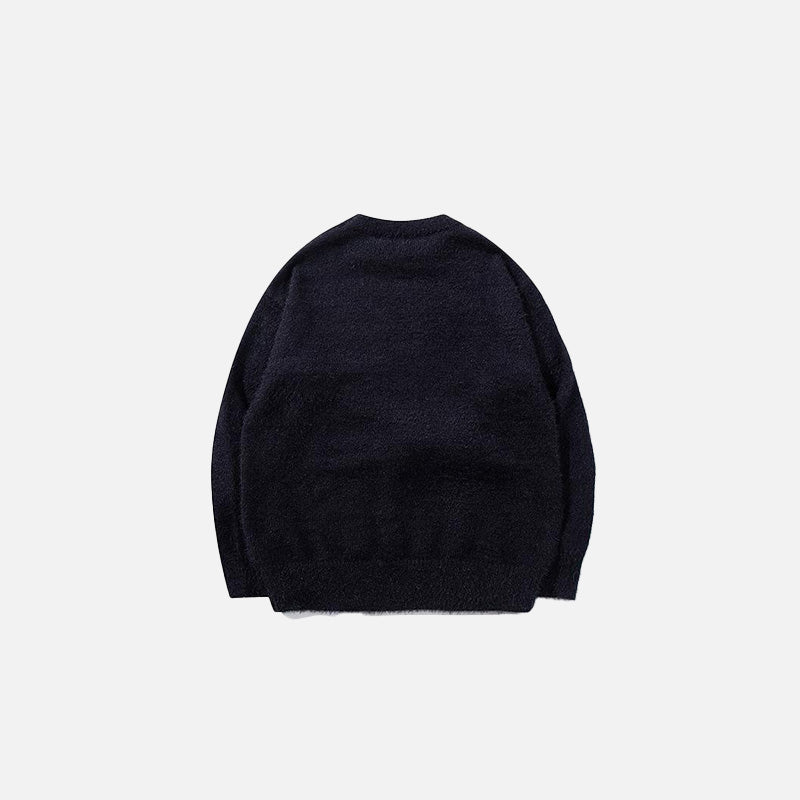 Back view of the black Graphic Bear Embroidered Sweater in a gray background