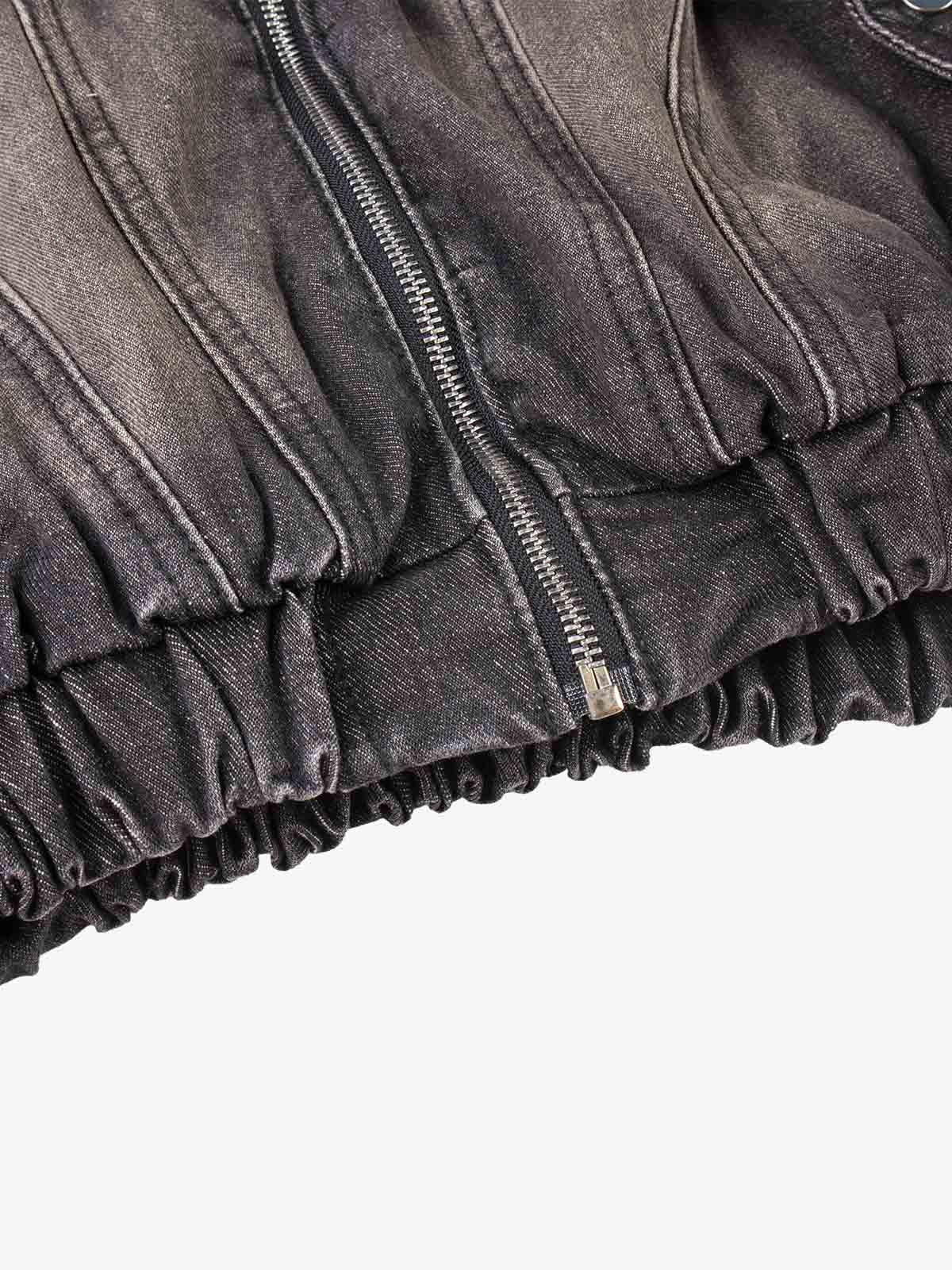 Patchwork Distressed Faux-Fur Collar Denim Jacket; Black / M, Black / L, Black / XL, Black / S