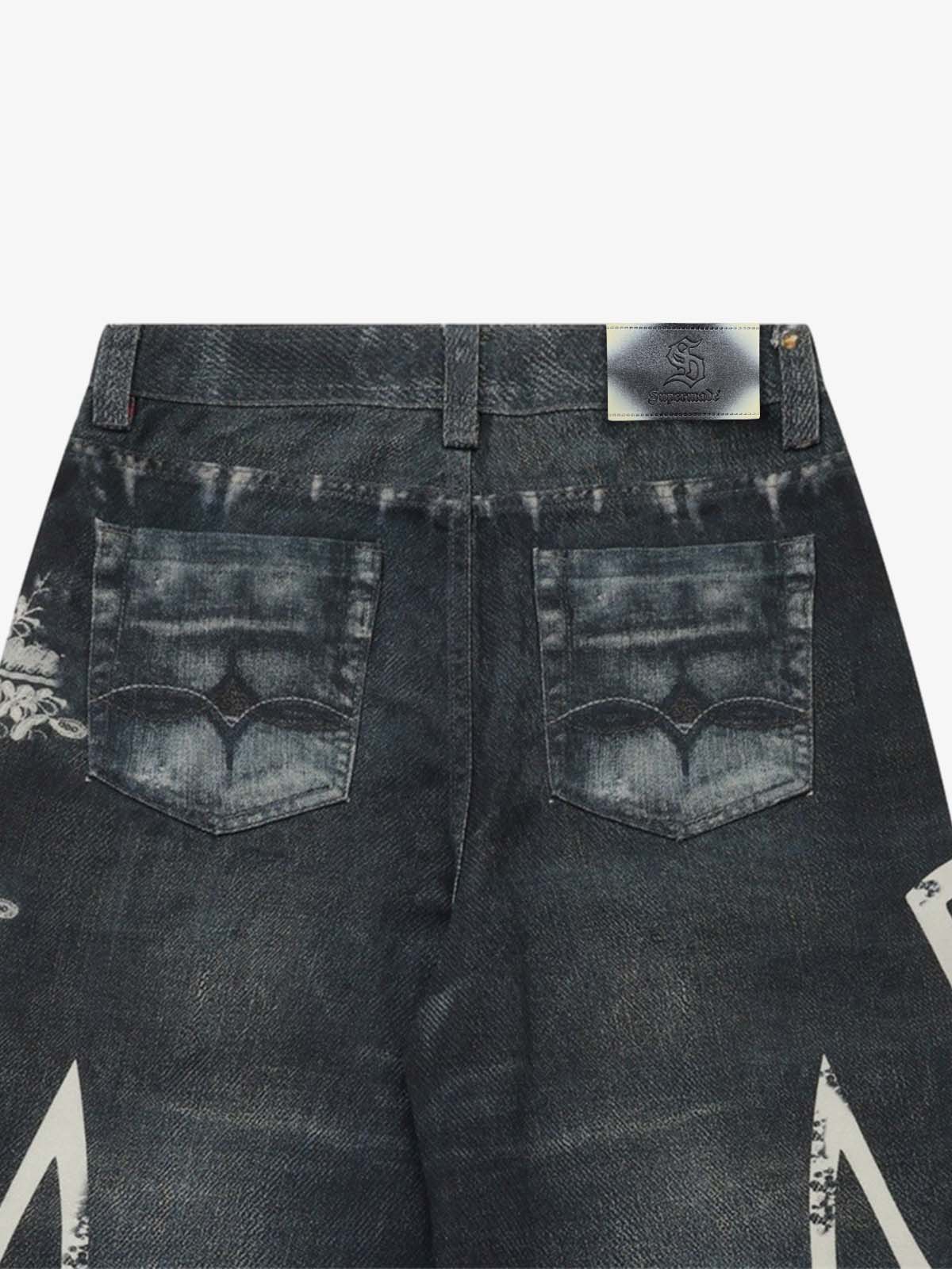 Digital 3D Graphic Distressed Denim Jeans; Black / S, Black / M, Black / L, Black / XL, Black / 2XL