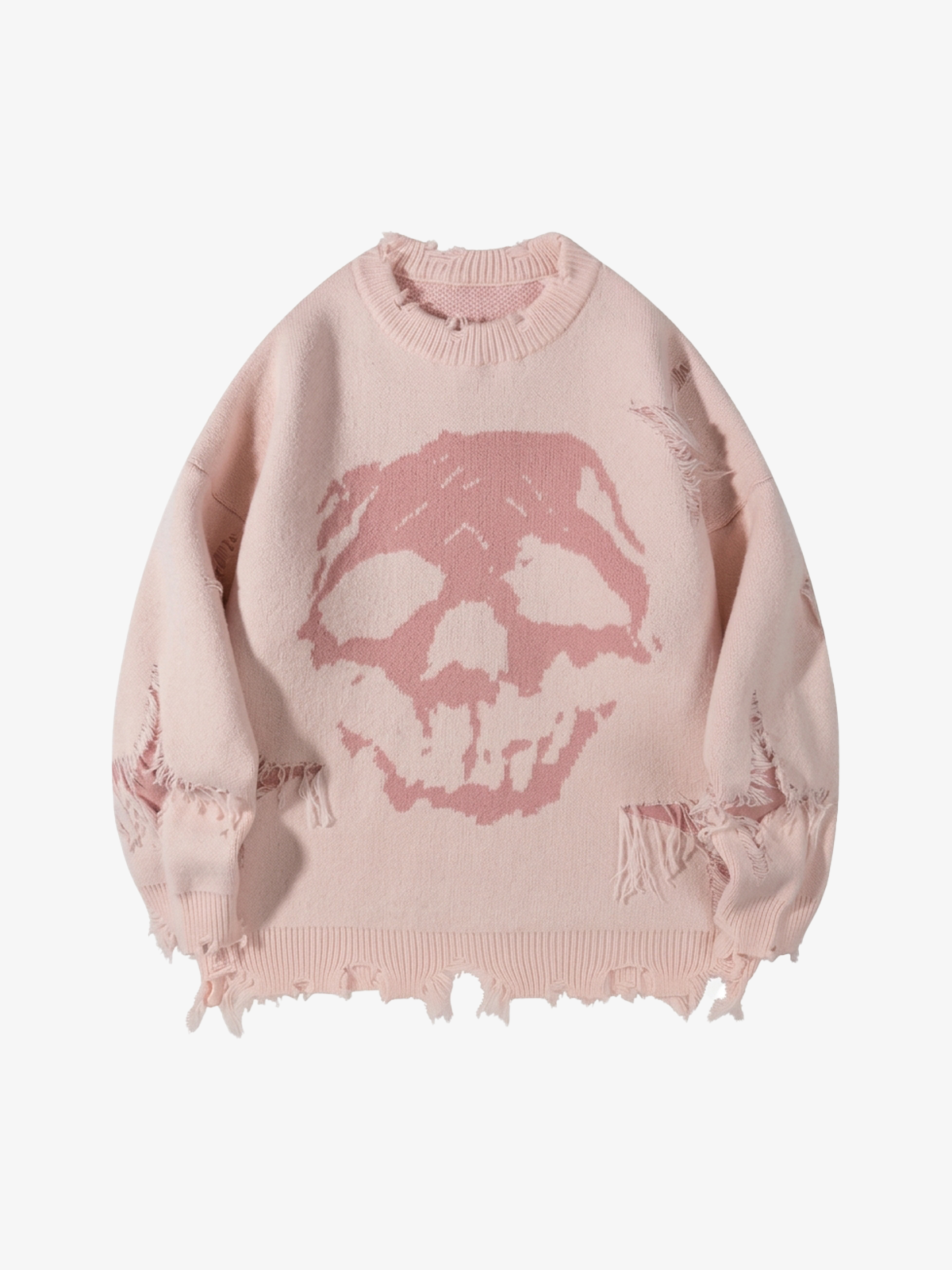 Distressed Skull Jacquard Sweater; Pink / S, Pink / M, Pink / L, Pink / XL, Pink / 2XL
