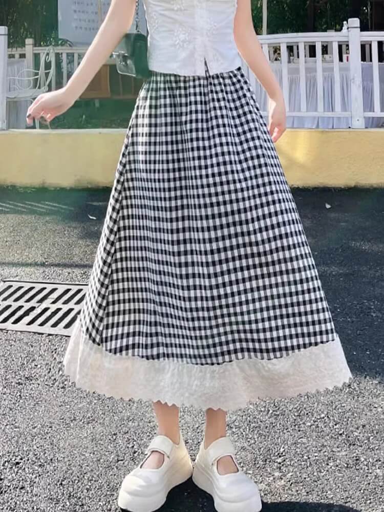 Gingham Lace Trim Midi Skirt