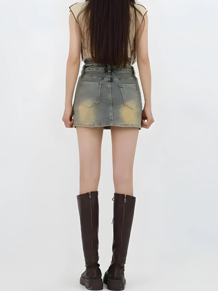 Grunge Denim Mini Skort with Cross Belt Design