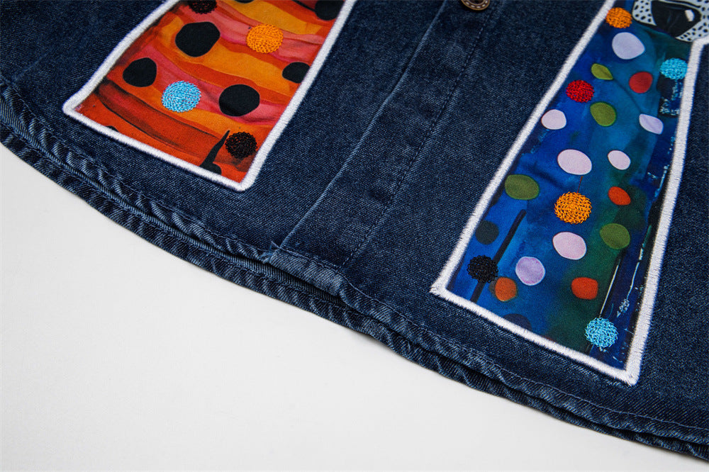 DAXUEN Short-sleeved denim shirt with embroidered graphics