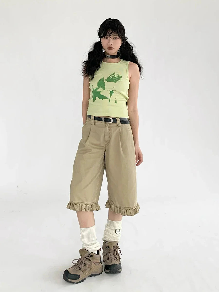 Chic Patchwork Wide Leg Denim Jorts