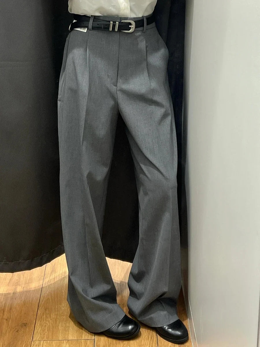 Elegant Gray Pleated Wide Leg Pants
