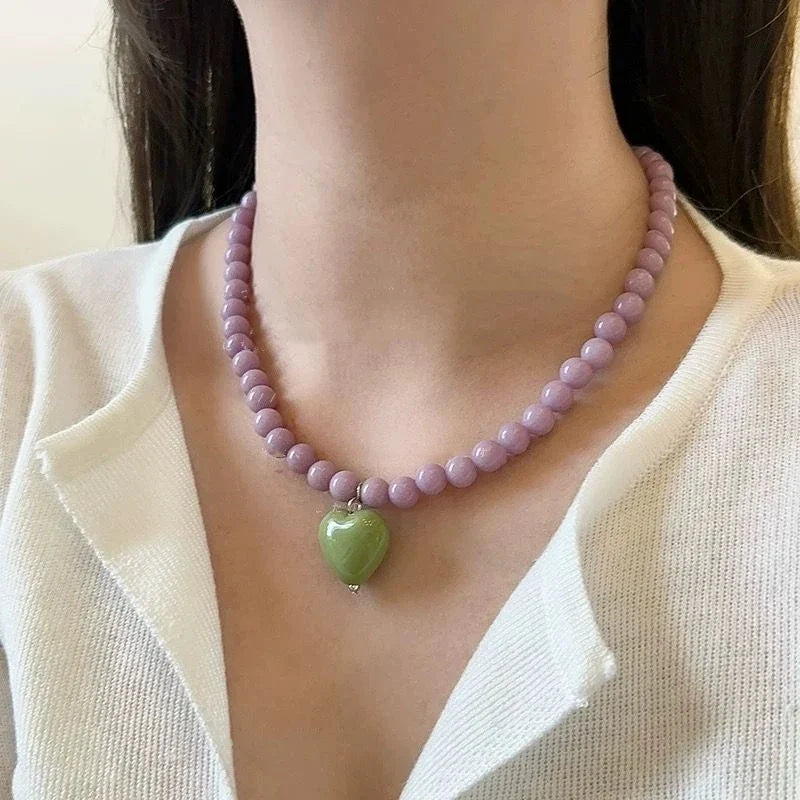 Colorful Heart Pendant Beaded Necklace