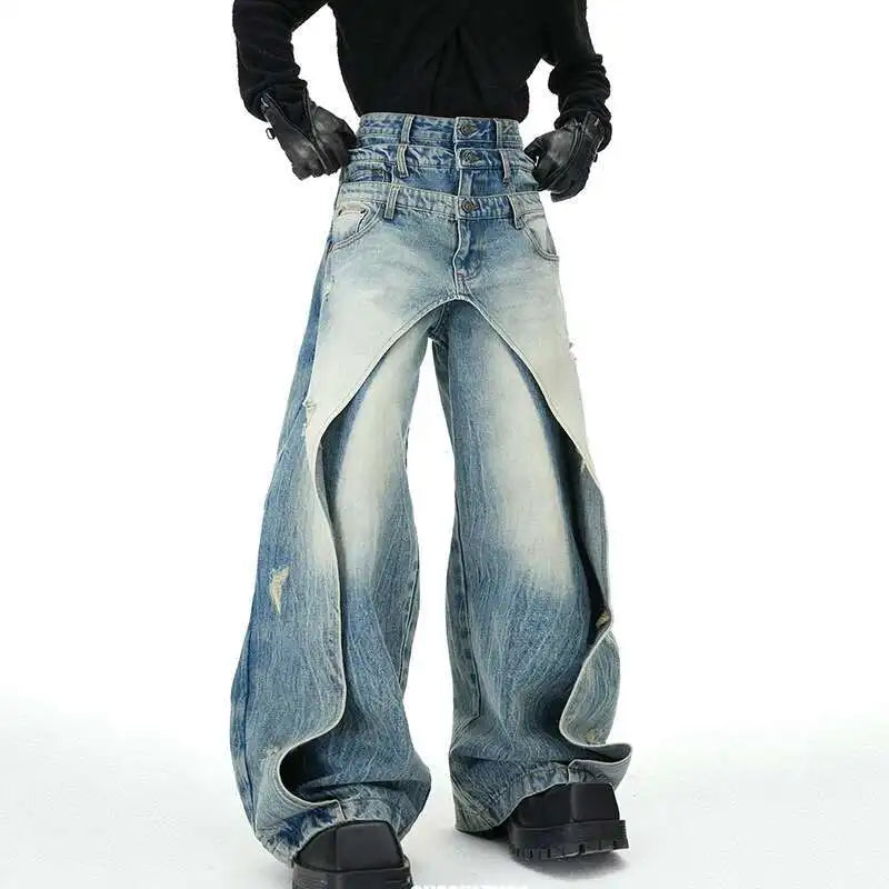 Men Layered Patchwork Wide Leg Jeans