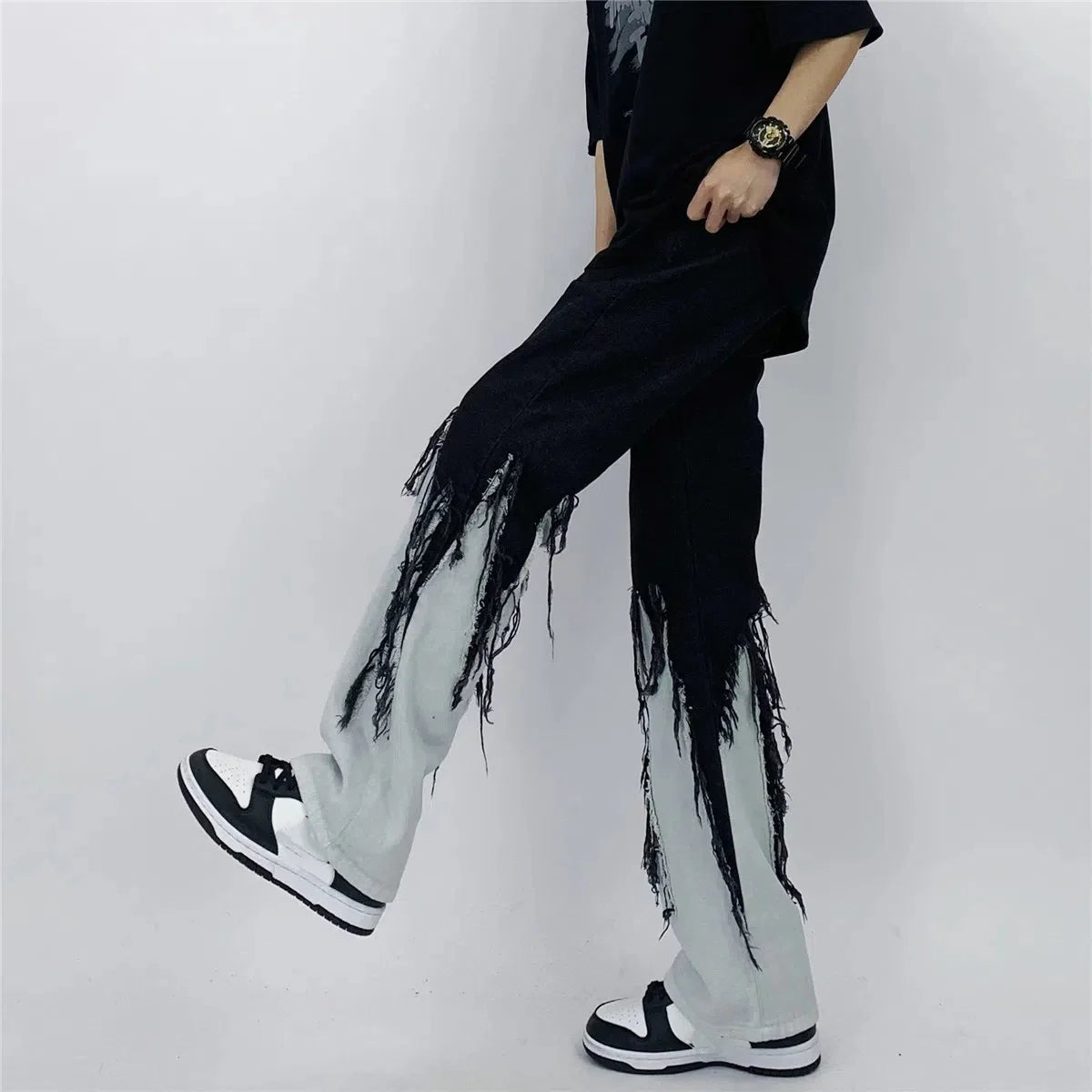 Flattering Contrast Color Tassel Loose Jeans