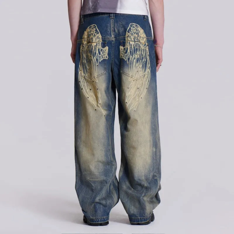 Vintage Wing Pattern Baggy Wide Leg Jeans