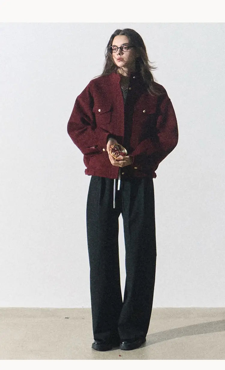 Red Woolen Commuting Baseball Jacket