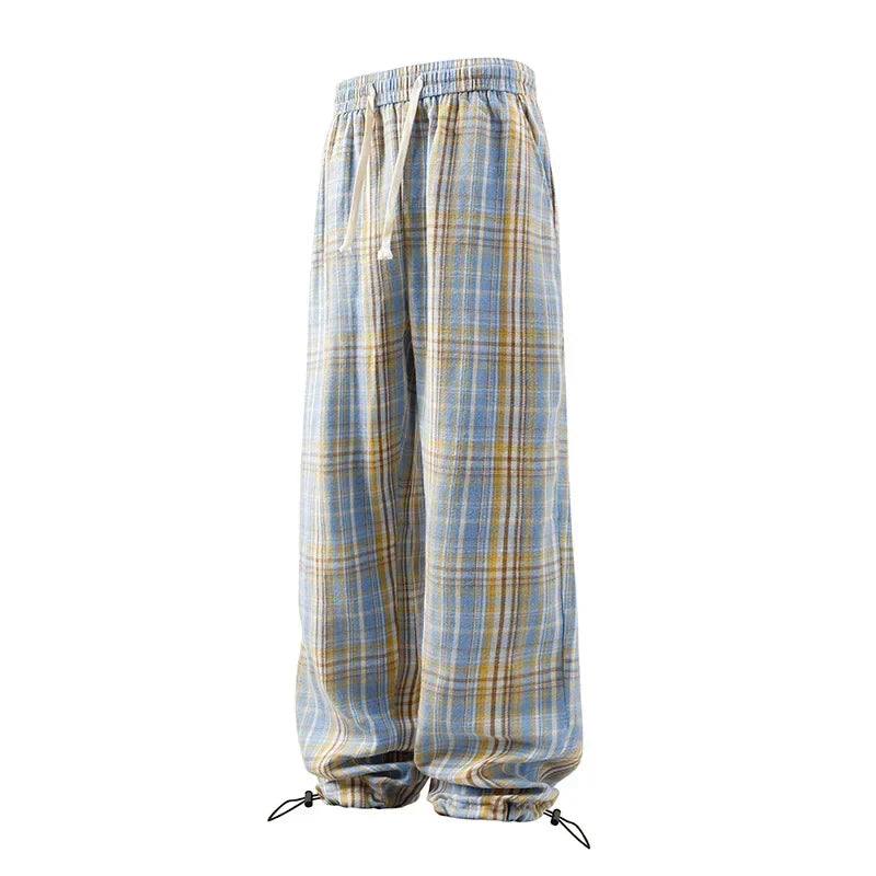 Plaid Drawstring Straight Pants