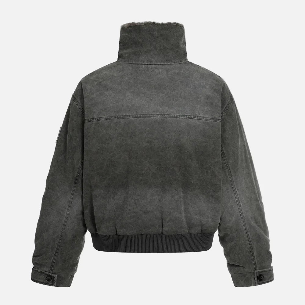 Vintage Distressed Denim Padded Fur Collar Jacket
