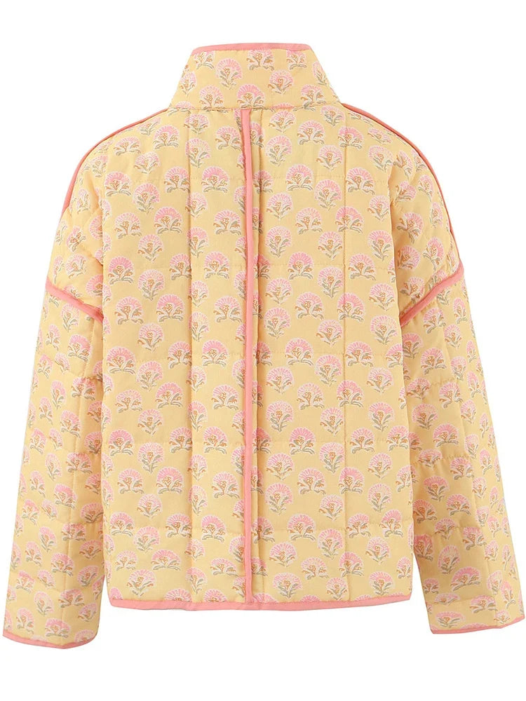 Women Retro Floral Yellow Padded Jacket