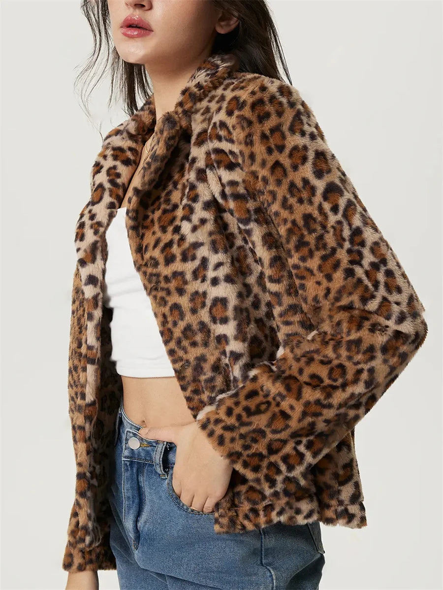Women Leopard Print Faux Fur Jacket
