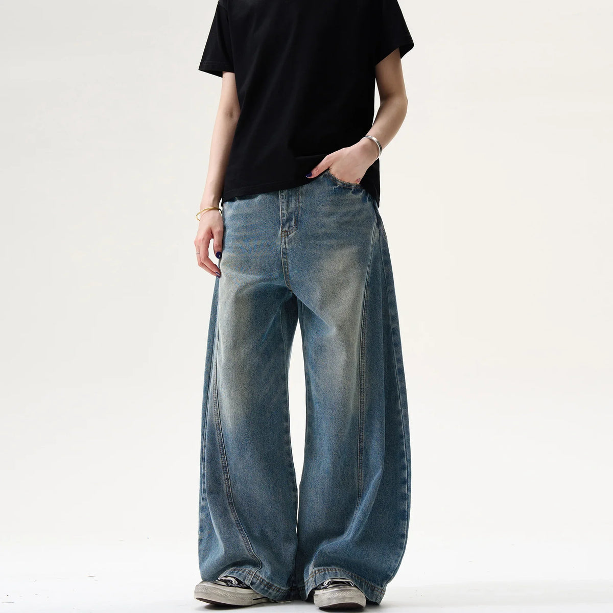Effortless Cool Retro Pleated Printed Wide Leg Jeans
