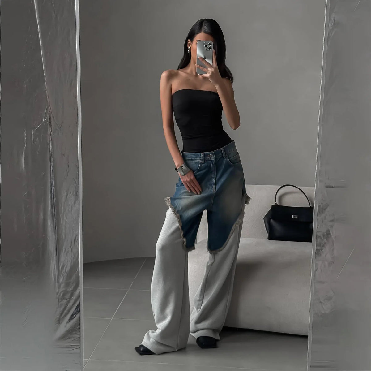 Distressed Patchwork Wide Leg Denim Pants