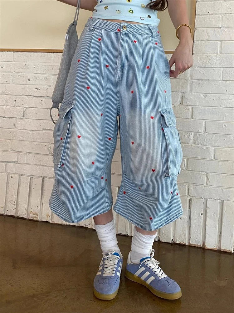 Chic Striped Heart Embroidery Cargo Denim Jorts