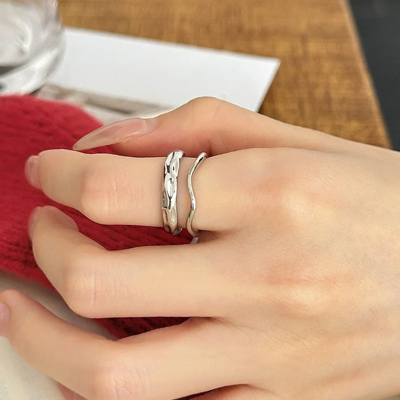 Women Wavey Sterling Silver Double Layer Line Ring