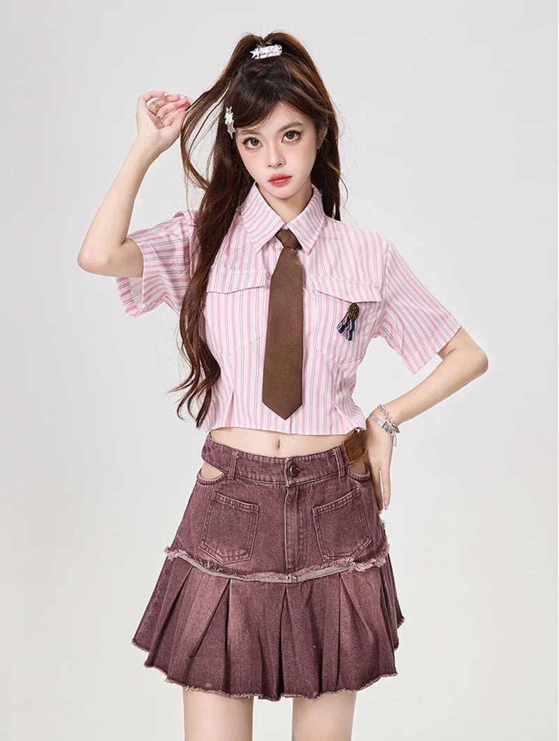 Y2K Women Streetwear Vintage Striped Tie Blouse Shirt