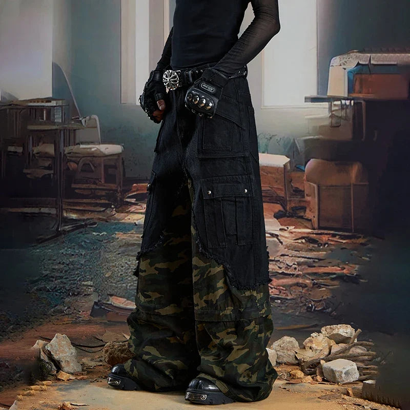 Streetwear Camouflage Splicing Wide Leg Cargo Jeans