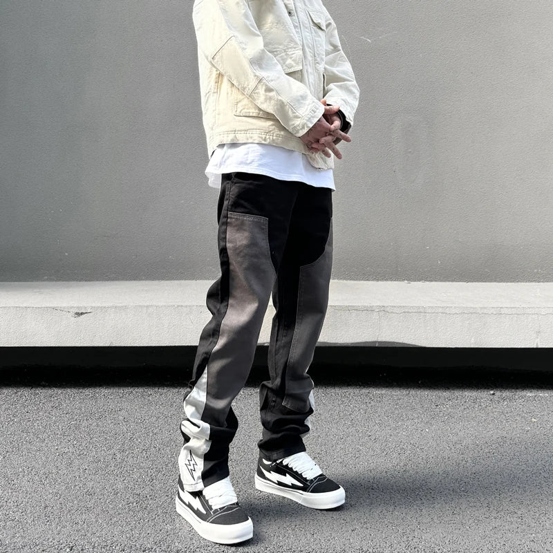 Black Gray American Style Embroidered Stacked Jeans