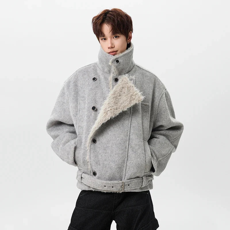 Soft Korean Faux Fur Patchwork Belt Jacket