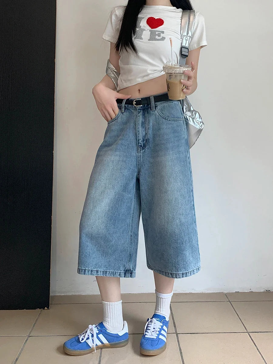 Versatile Blue Distressed Denim Baggy Jorts