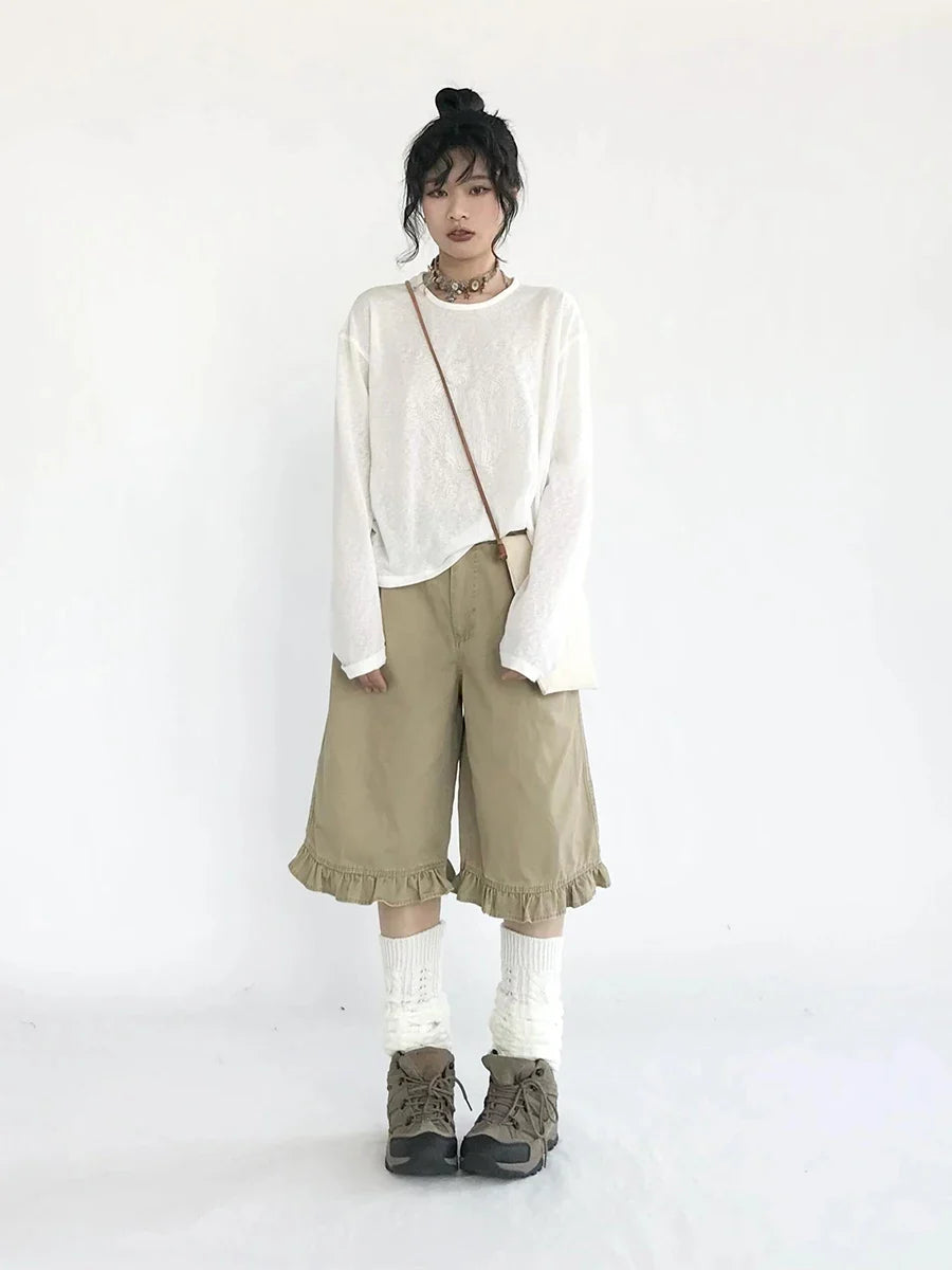 Chic Khaki Ruffled High Waist Jorts