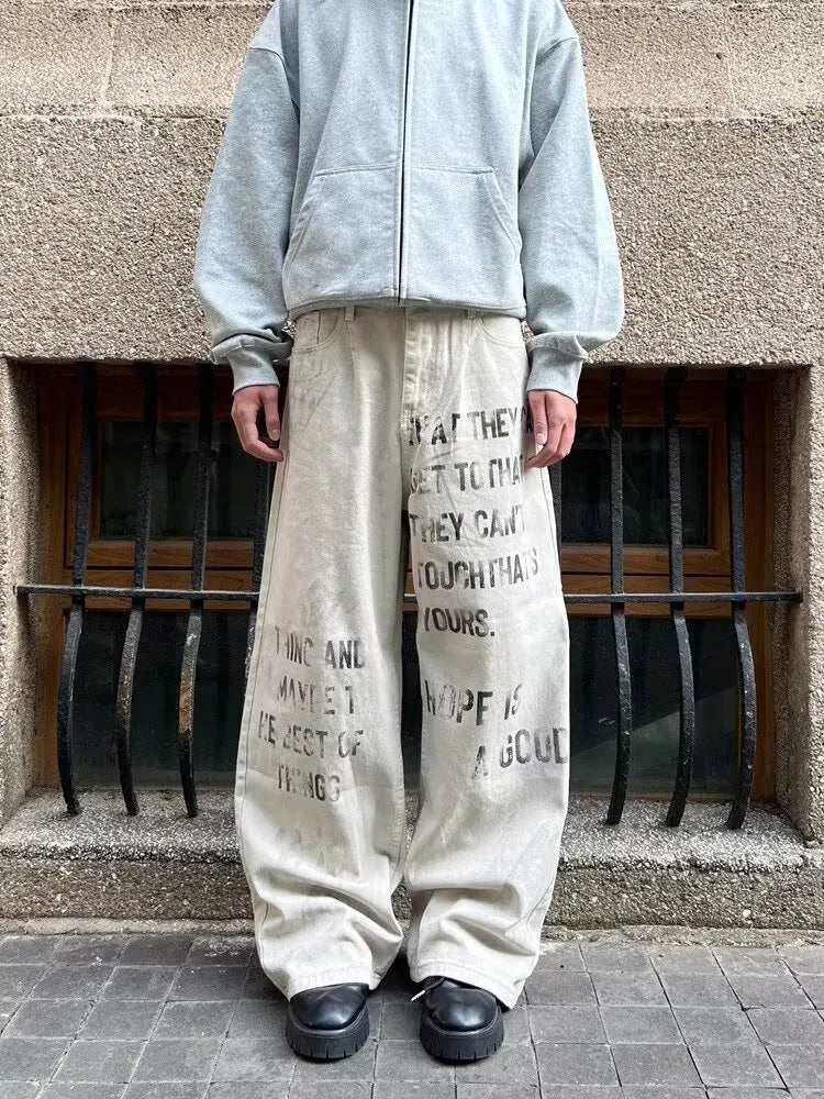 Cyber Y2K Printed White Baggy Jeans