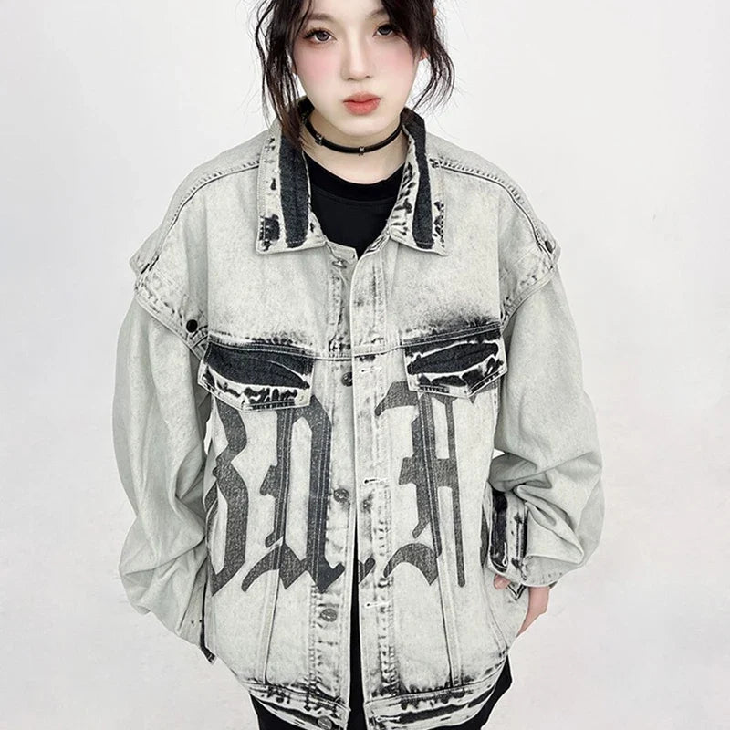 Washed Gray Oversize Letter Work Denim Jacket