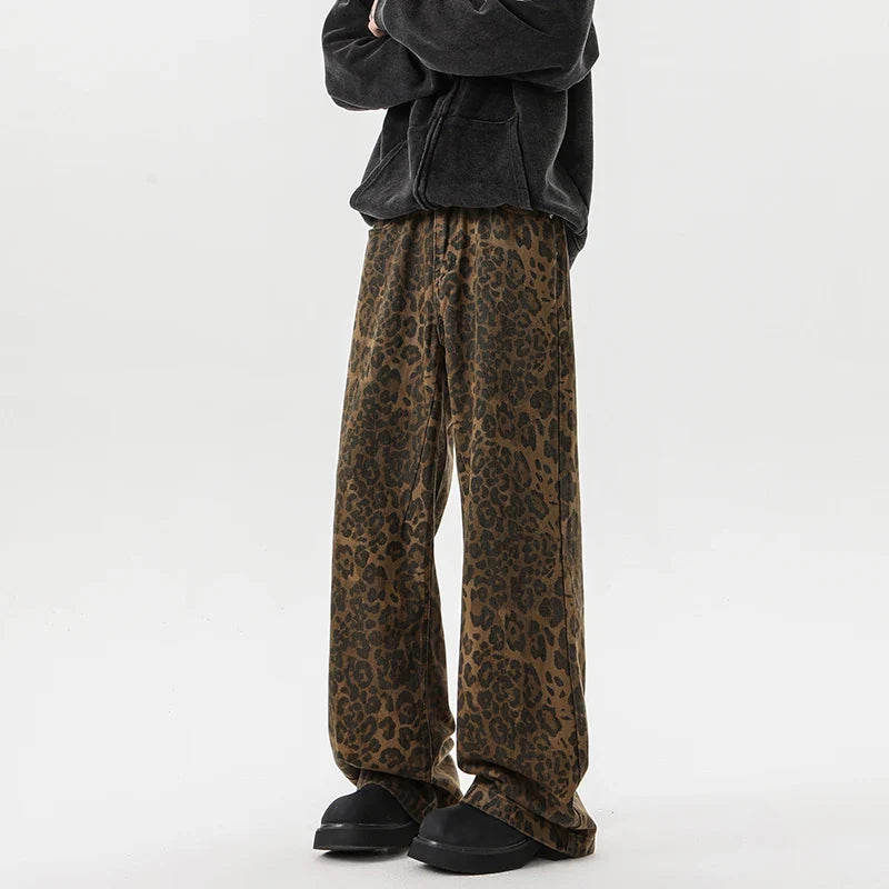 Streetwear Leopard Print Wide Leg Denim Jeans