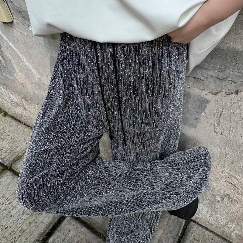 Textured Elegant Drawstring Waist Casual Pants