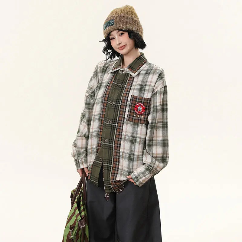 Checkered Patchwork Long Sleeve Shirt