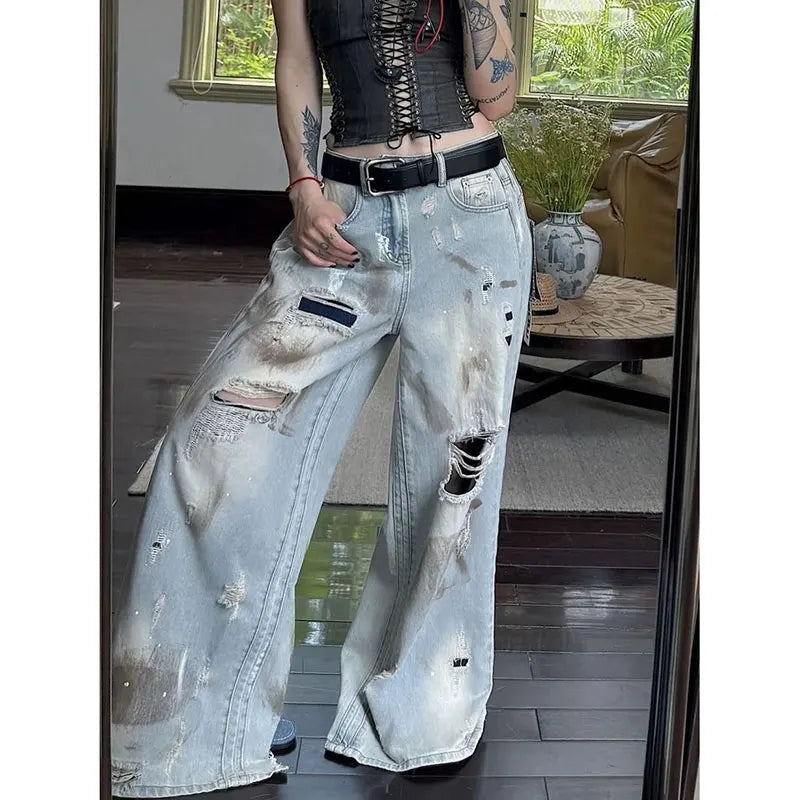 Y2K Streetwear Vintage Blue Boyfriend Ripped Jeans