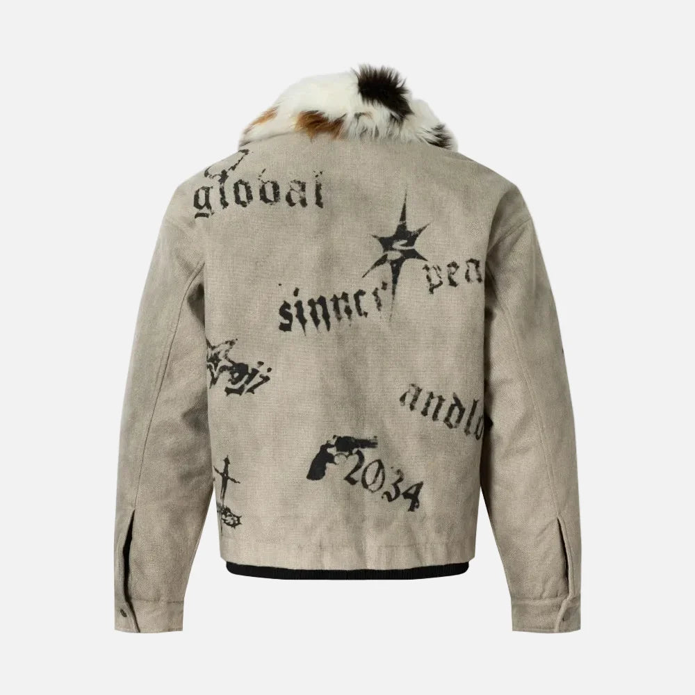 Vintage Distressed Quilted Letter Print Jacket