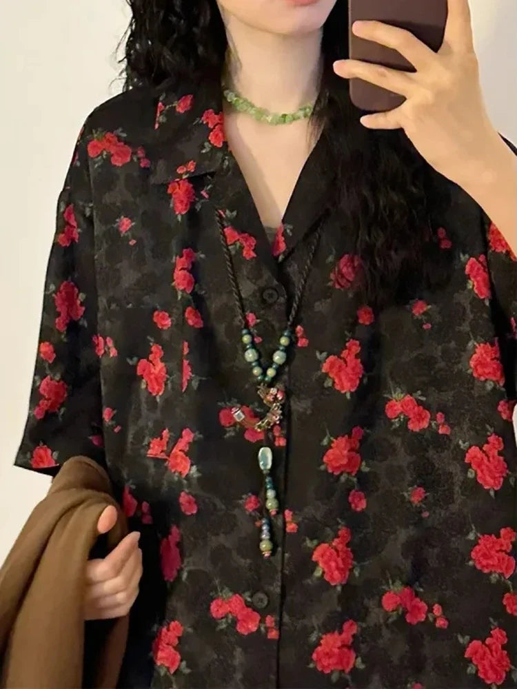 Women Vintage Japanes Style Flower Print Loose Blouse Shirt