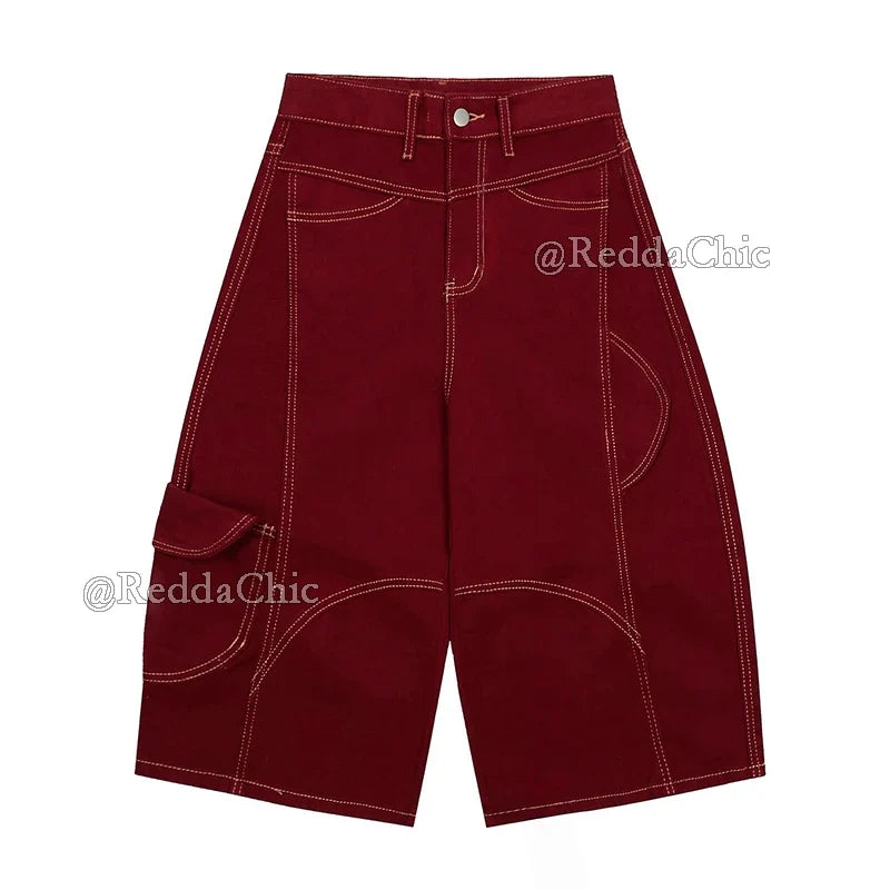 Patchwork Black Retro Wide Leg Jorts