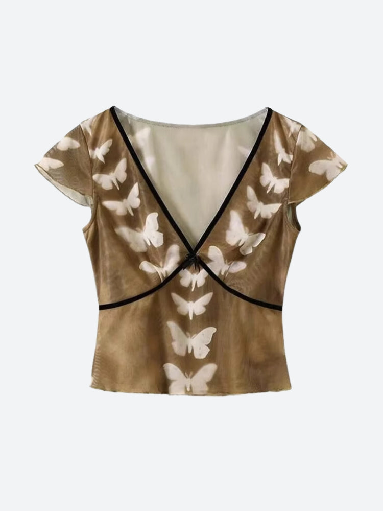 Y2K Butterfly V Neck Top