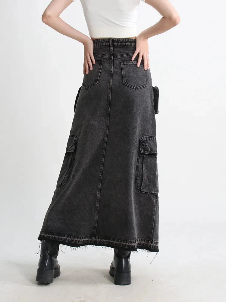 Y2K Cargo Split Denim Midi Skirt