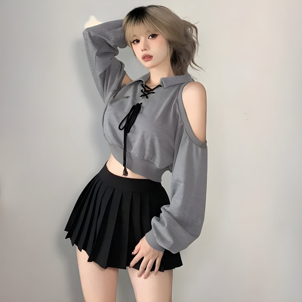 Y2K Cut Out Lace Up Cropped Sweatshirt