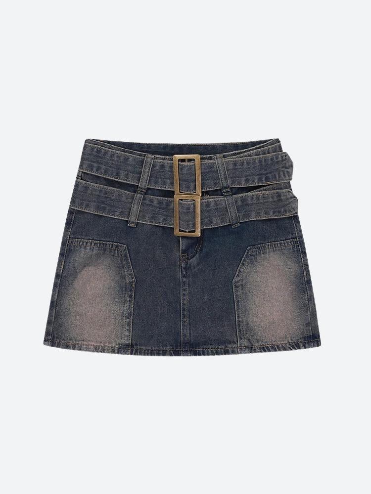 Y2K Double Belted Denim Mini Skort