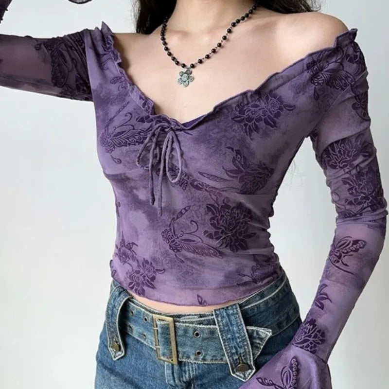Y2K Floral Purple Top