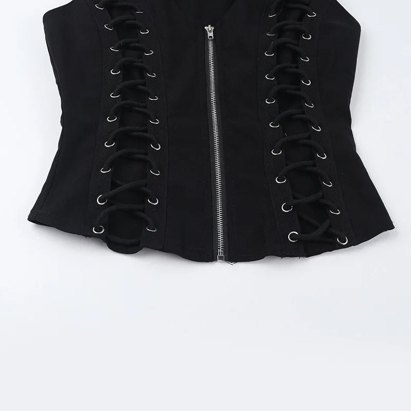 Y2K Goth Lace Up Zip Top