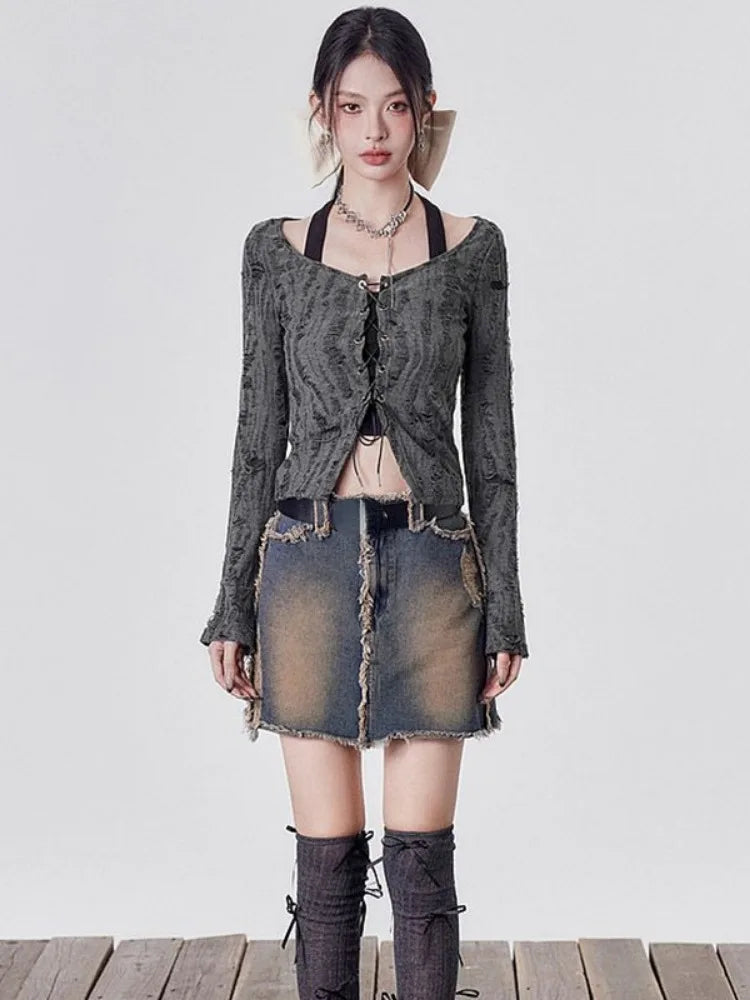 Y2K Grunge Lace Up Layered Top