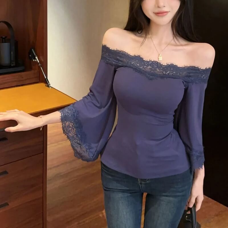 Y2K Lace Trim Off Shoulder Top