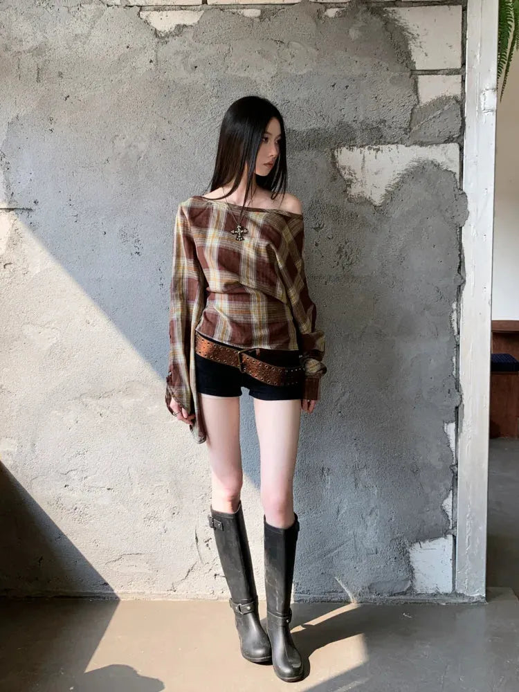 Y2K Plaid One Shoulder Top